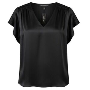 White House Black Market Black Satin Smocked Shoulder Flutter Sleeve Top XS WHBM